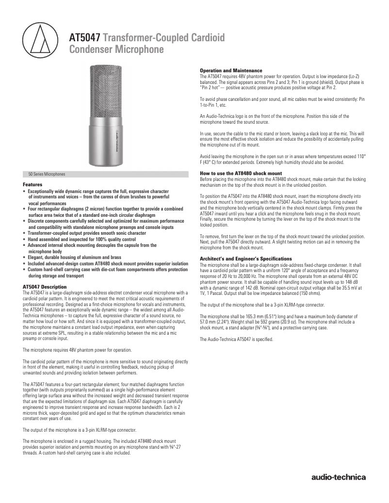 Page 1 de la notice Guide de démarrage rapide Audio-Technica AT5047