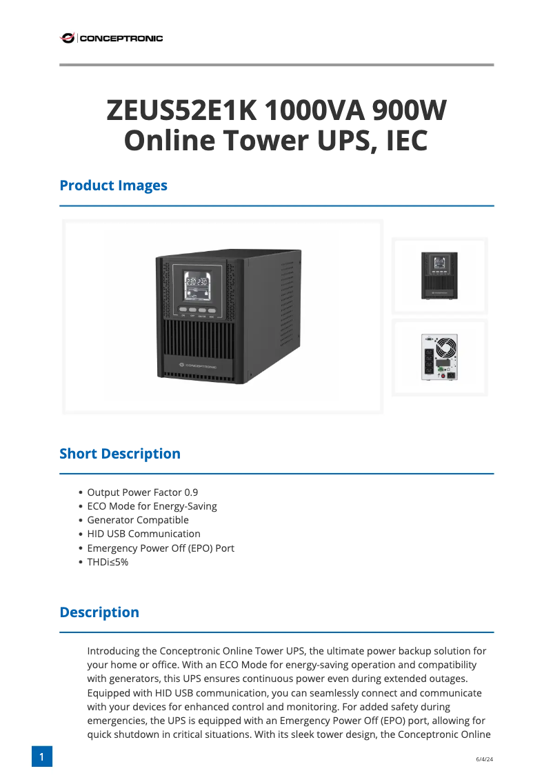 Page 1 de la notice Fiche technique Equip ZEUS52E