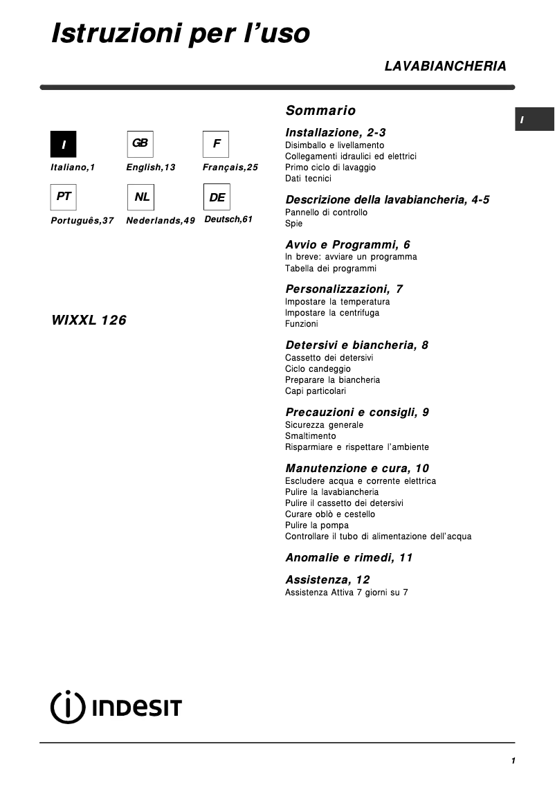 Página 1 del manual Manual de usuario Indesit WIXXL 126 (EU).1