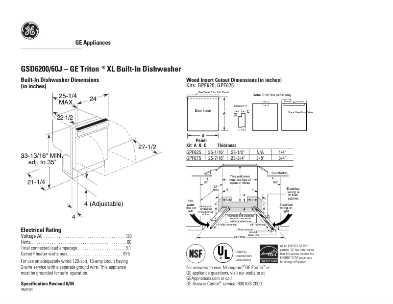 Page 1 de la notice Fiche technique GE GSD6200JWW