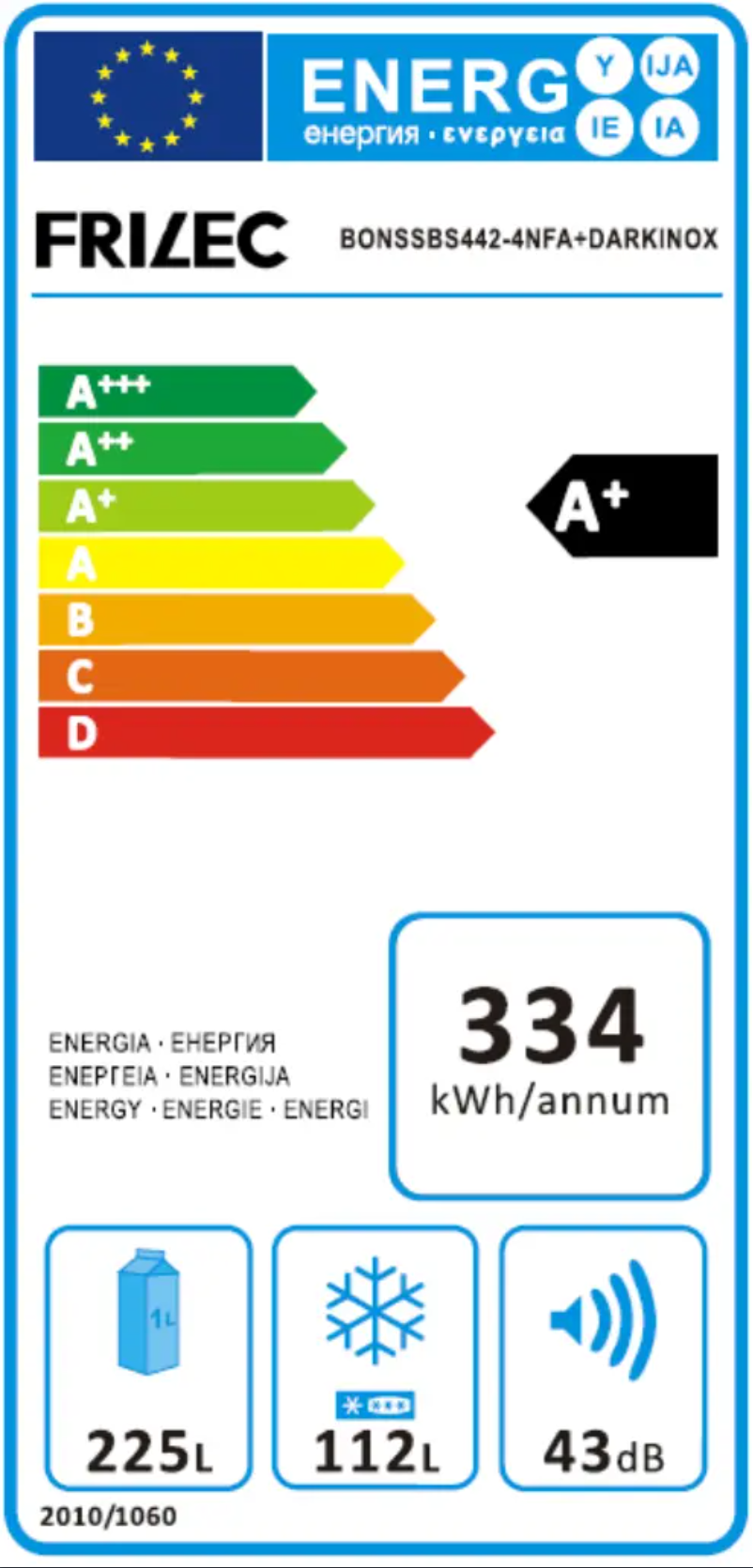 Page 1 de la notice Label énergétique Frilec BONNSBS442 4NFA+DARKINOX