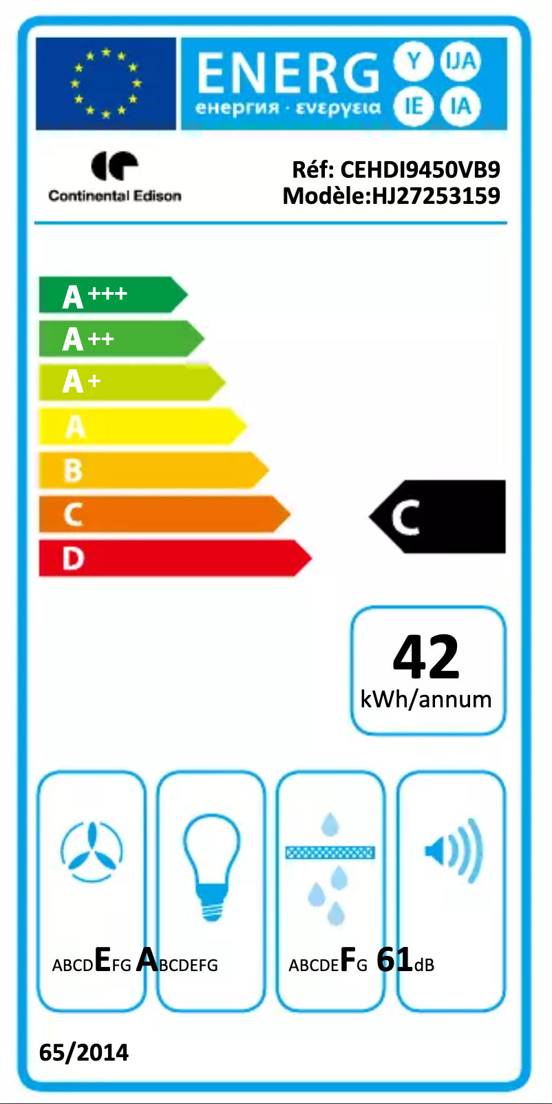 Page n°1 - Label énergétique Continental Edison CEHDI9450VB9