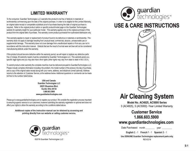 Page n°1 - Manuel utilisateur GermGuardian AC5000