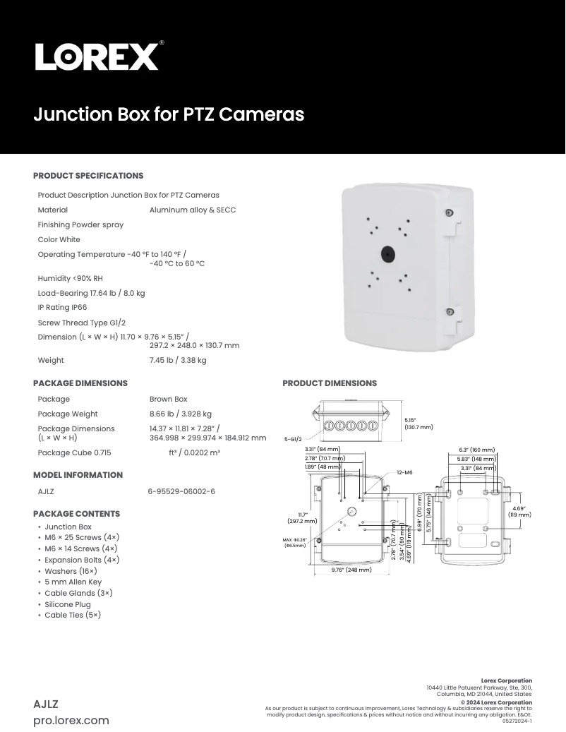 Página 1 del manual Ficha técnica Lorex AJLZ-1W