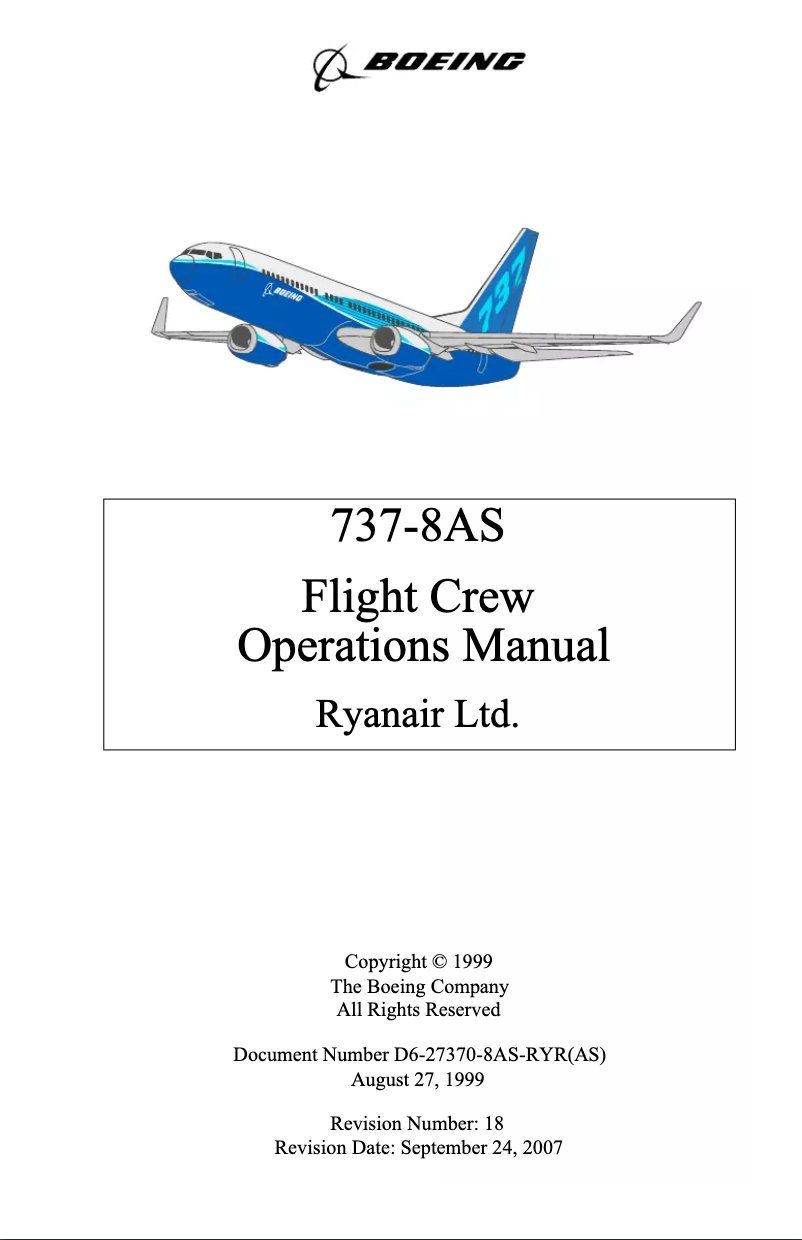 Page n°1 - Manuel utilisateur Boeing 737-8AS Ryanair (1999)