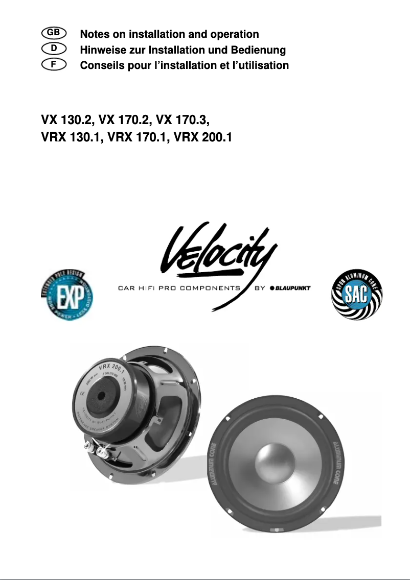 Page n°1 - Manuel utilisateur Blaupunkt VX 170 2 VELOCITY