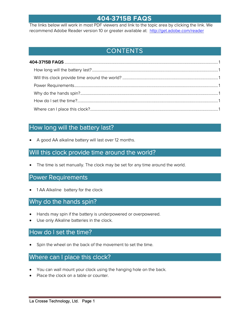 Page 1 de la notice FAQ La Crosse Technology 404-3715B