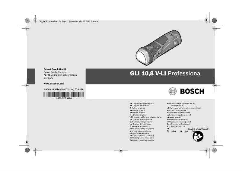 Page 1 de la notice Manuel utilisateur Bosch GLI 10.8 V-LI Professional