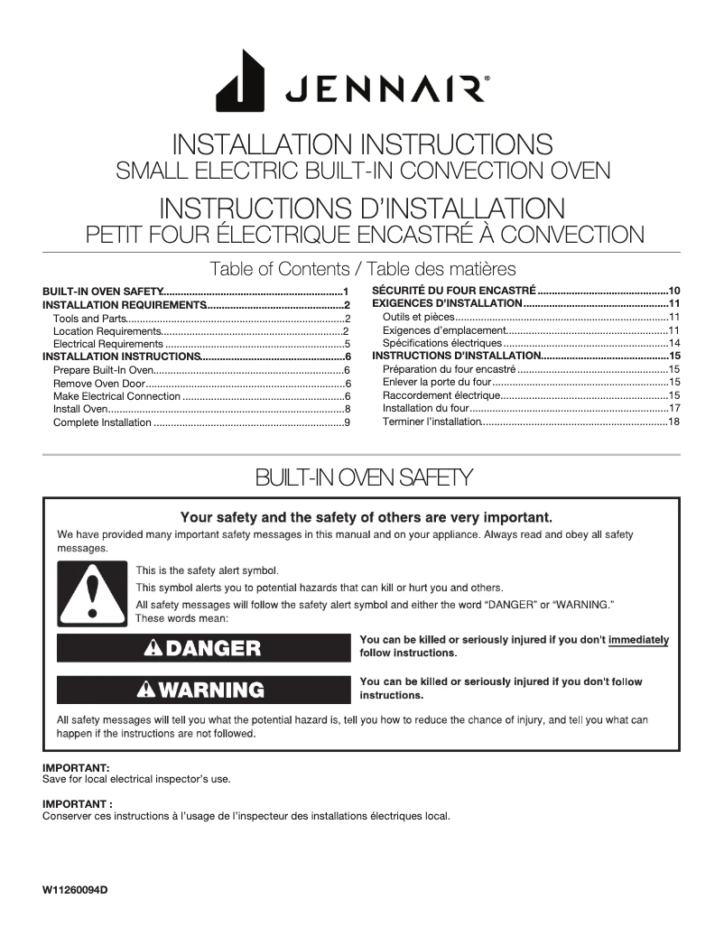 Page n°1 - Guide d'installation Jenn-Air JJW2424HM