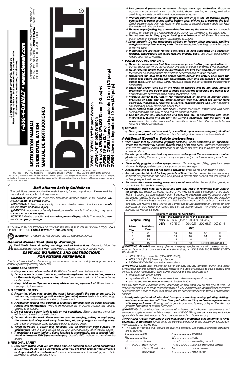 Page 1 de la notice Manuel utilisateur DeWalt DW293