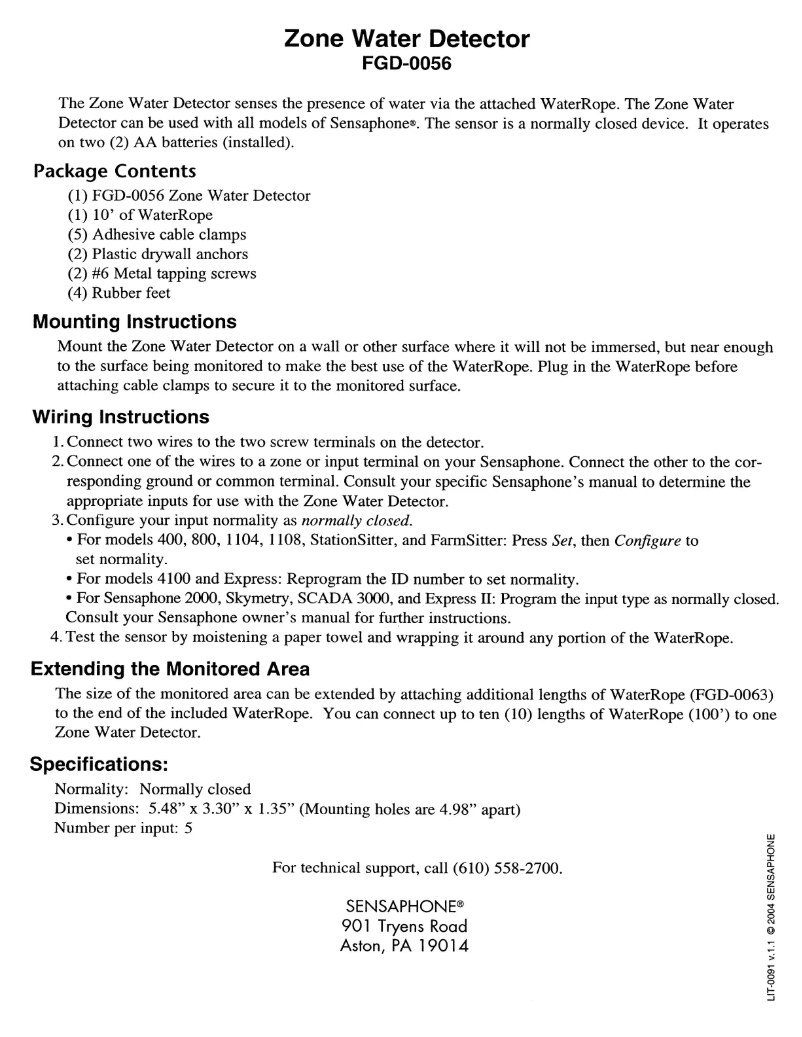 Image de la première page du manuel de l'appareil Zone Water Detector FGD-0056
