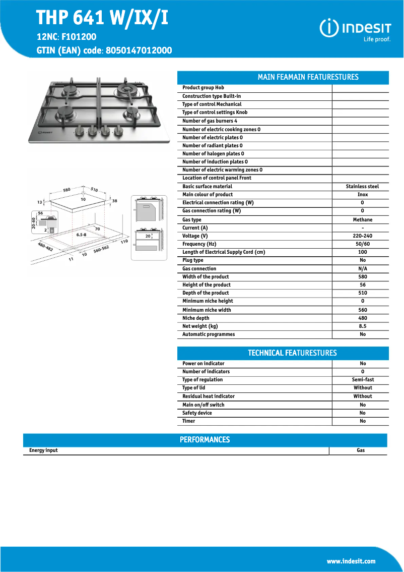 Page 1 de la notice Fiche technique Indesit THP 641 W/IX/I