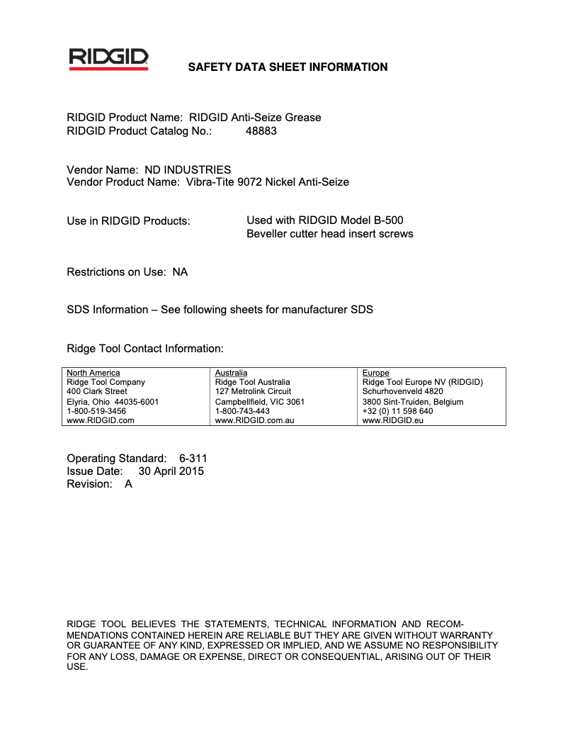 Page 1 de la notice Fiche technique Ridgid B-500