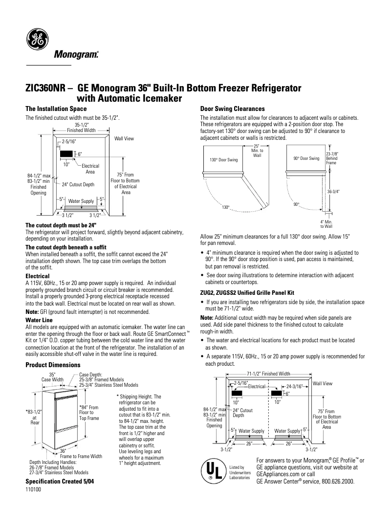 Page n°1 - Fiche technique GE ZIC360NRLH