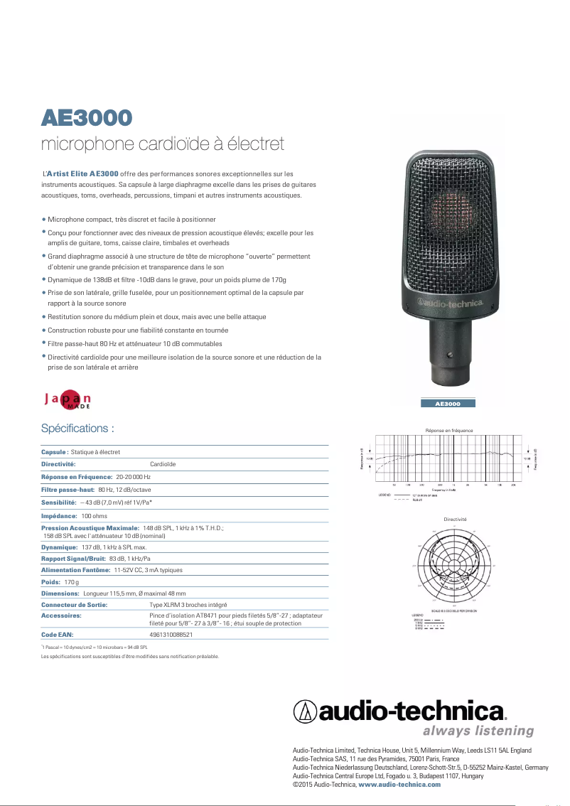 Página 1 del manual Ficha técnica Audio-Technica AE3000