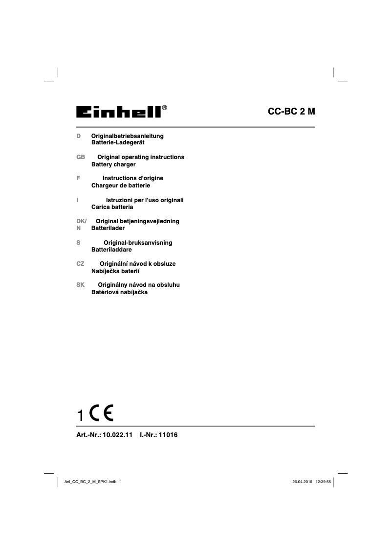 Page 1 de la notice Manuel utilisateur Einhell CC-BC 2 M
