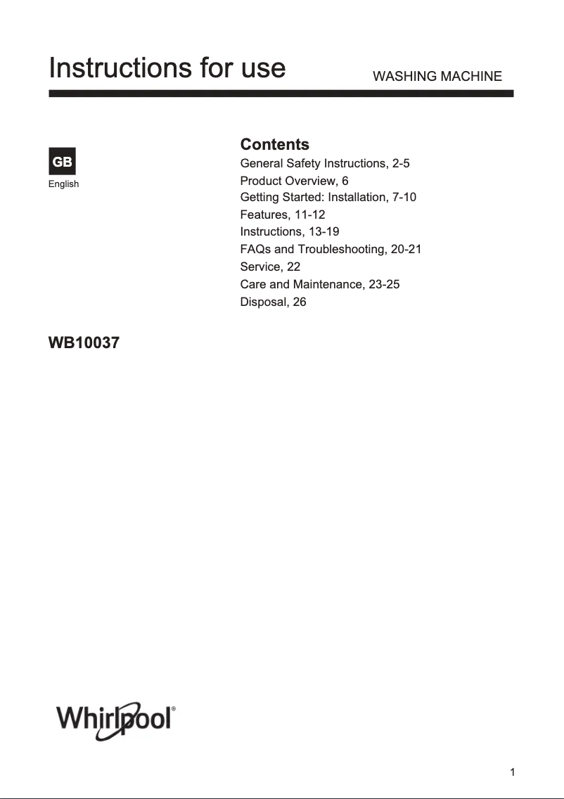 Page n°1 - Mode d'emploi Whirlpool WB10037