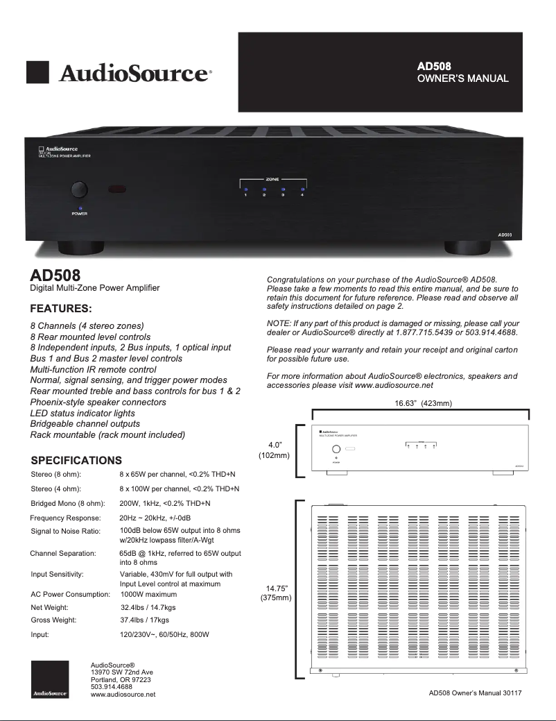 Page n°1 - Manuel utilisateur AudioSource AD508