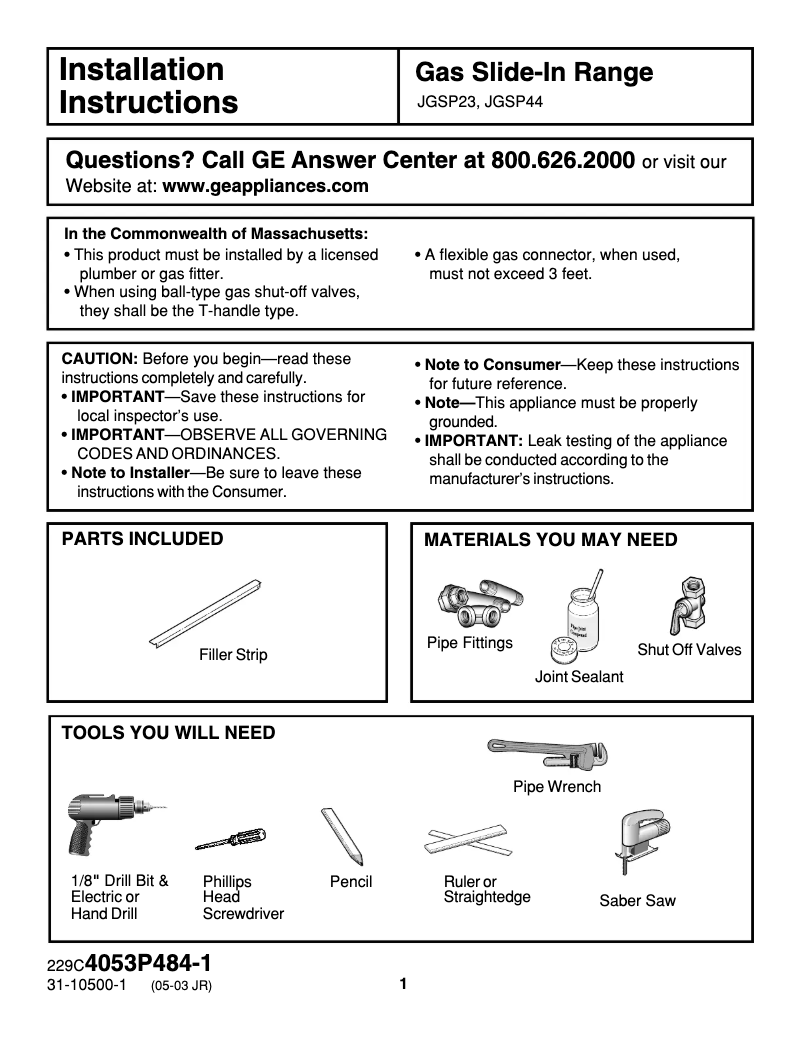 Página 1 del manual Guía de instalación GE JGSP23BEYBB