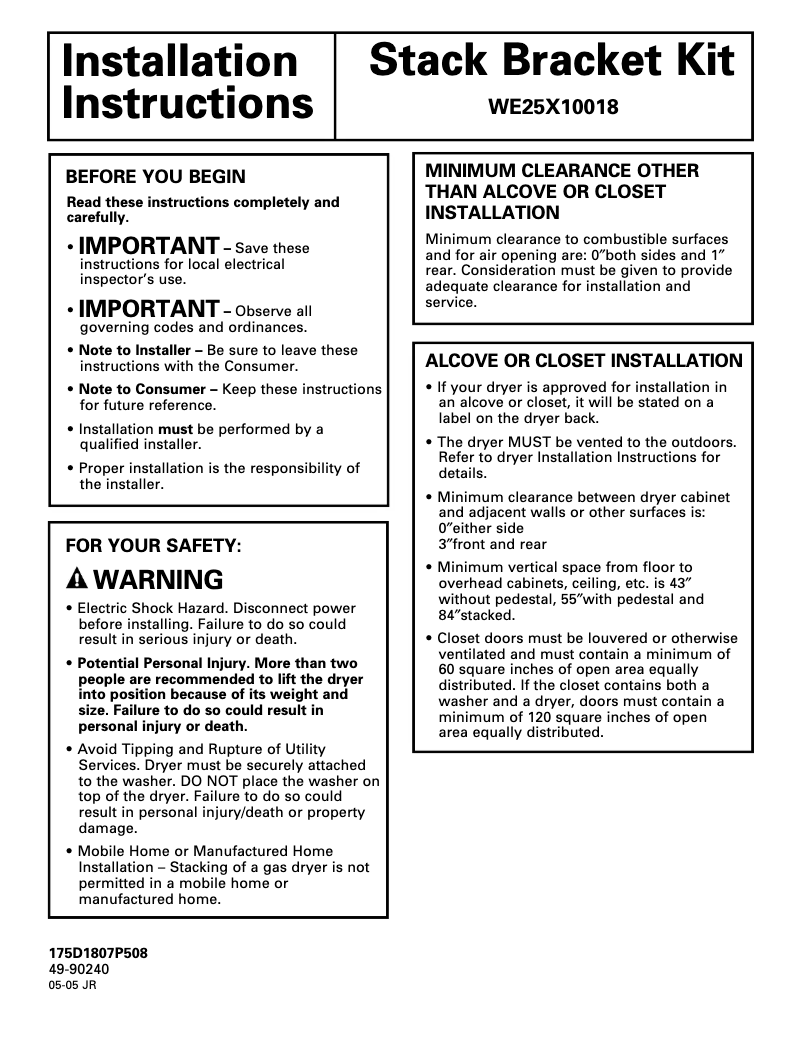 Page 1 de la notice Guide d'installation GE Adora DHDVH52EFGG