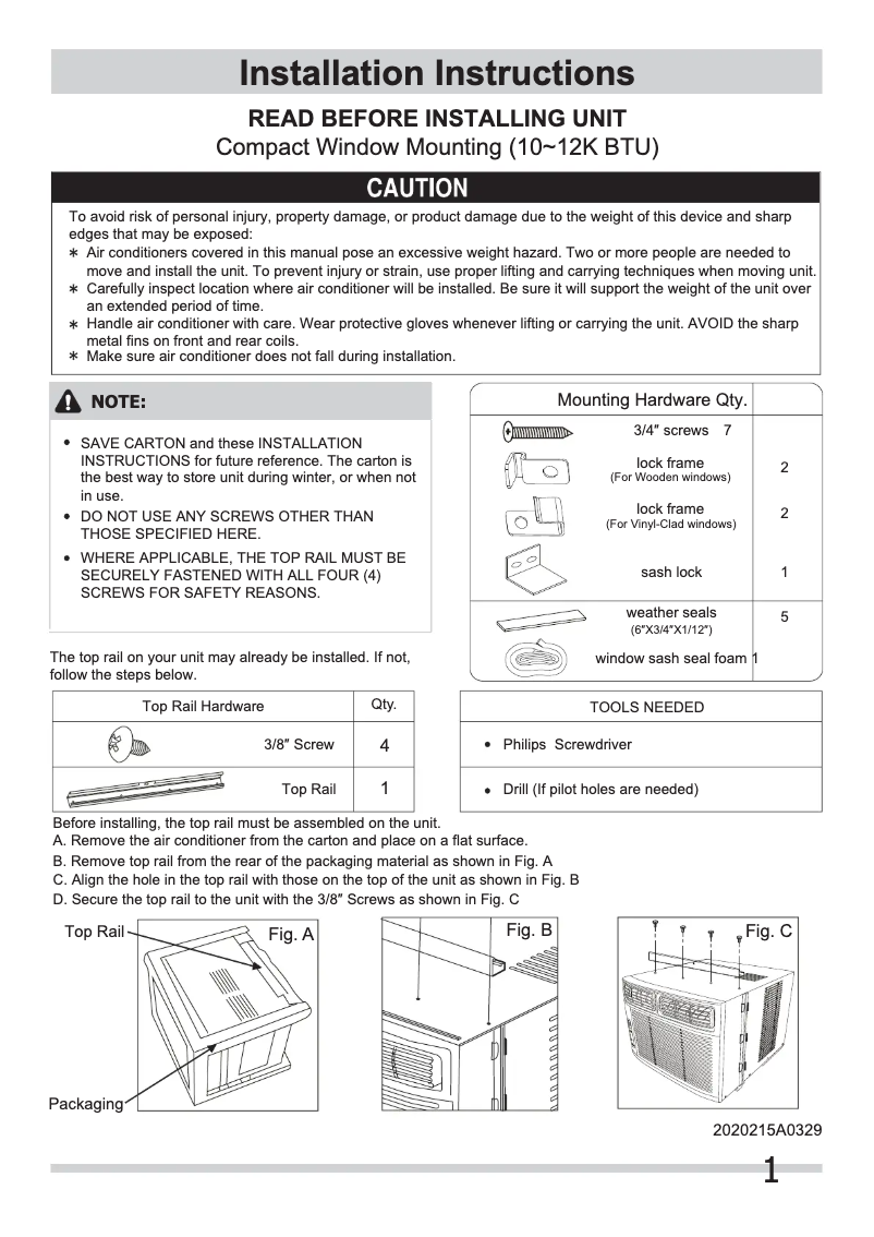 Page 1 de la notice Guide d'installation Frigidaire FRA102BT1