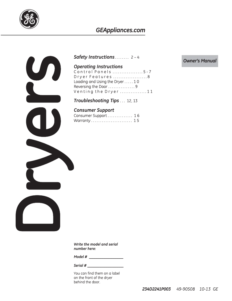 Page 1 of the manual Instruction Manual GE GTDS560EFWS