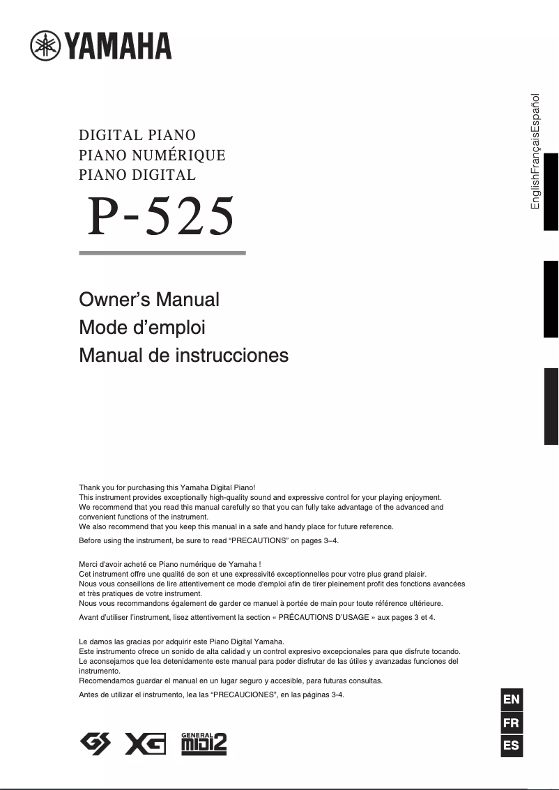 Page 1 de la notice Manuel utilisateur Yamaha P-525