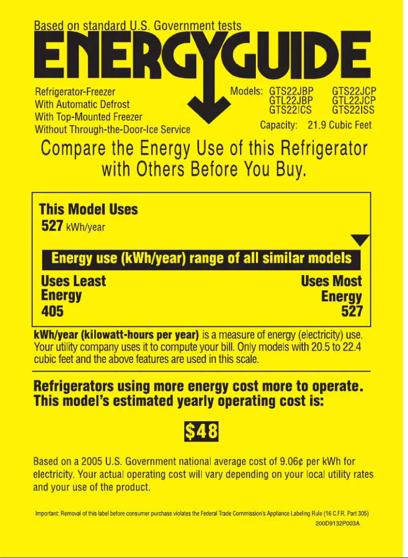 Page n°1 - Label énergétique GE GTS22ISSRSS
