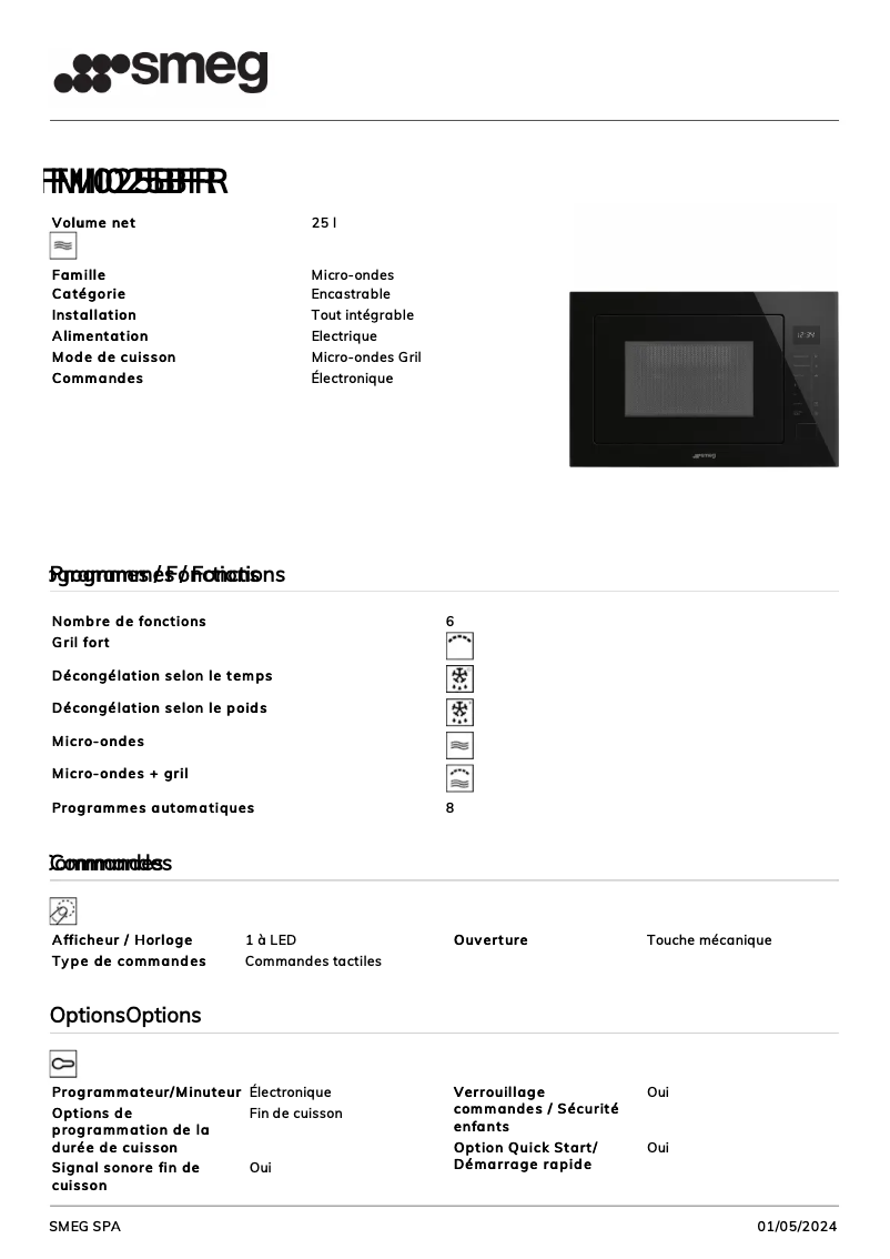 Page 1 de la notice Fiche technique Smeg FMI025BFR
