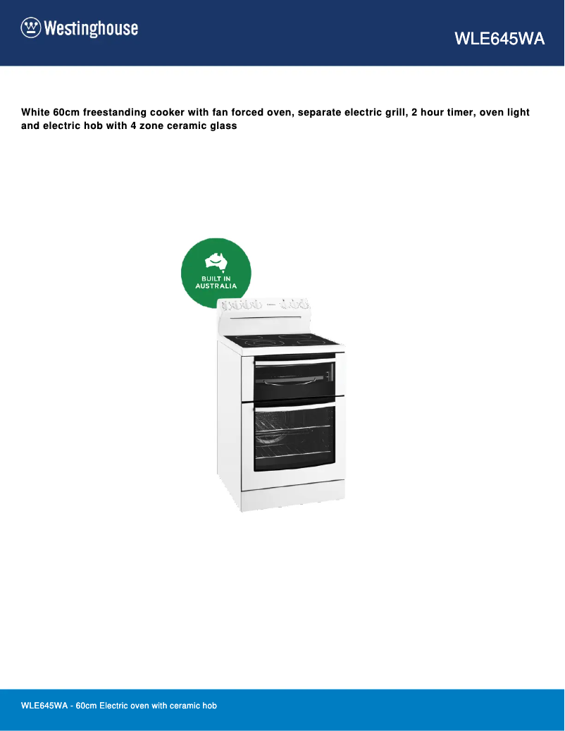 Page n°1 - Fiche technique Westinghouse WLE645WA