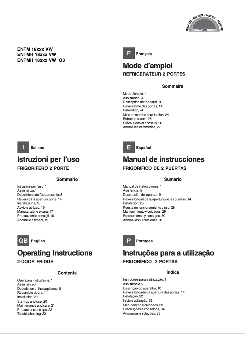 Page 1 de la notice Manuel utilisateur Hotpoint ENTMH 18320 VW 03