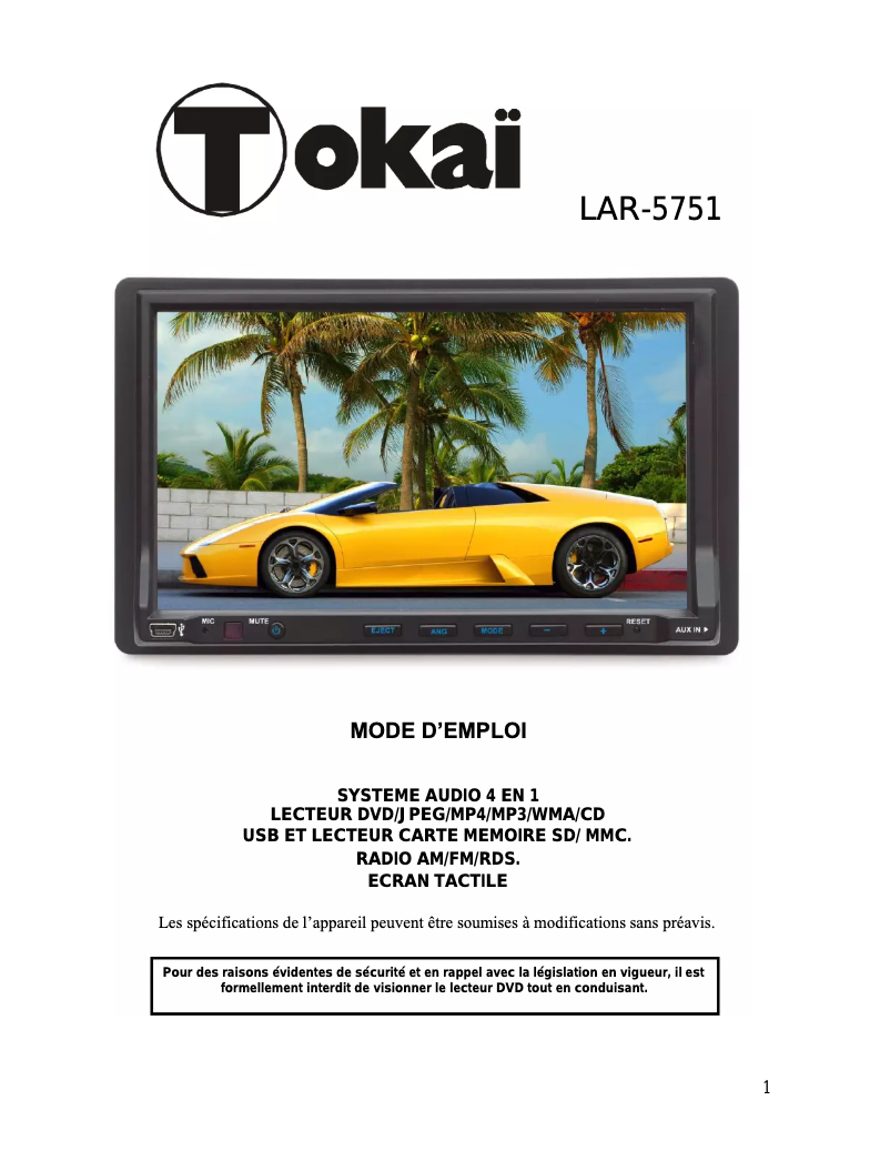 Page 1 de la notice Manuel utilisateur Tokaï LAR-5751