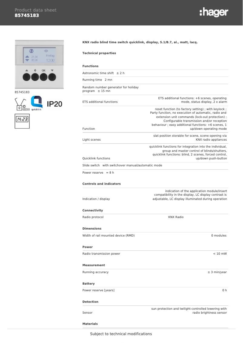 Page 1 de la notice Fiche technique Hager 85745183