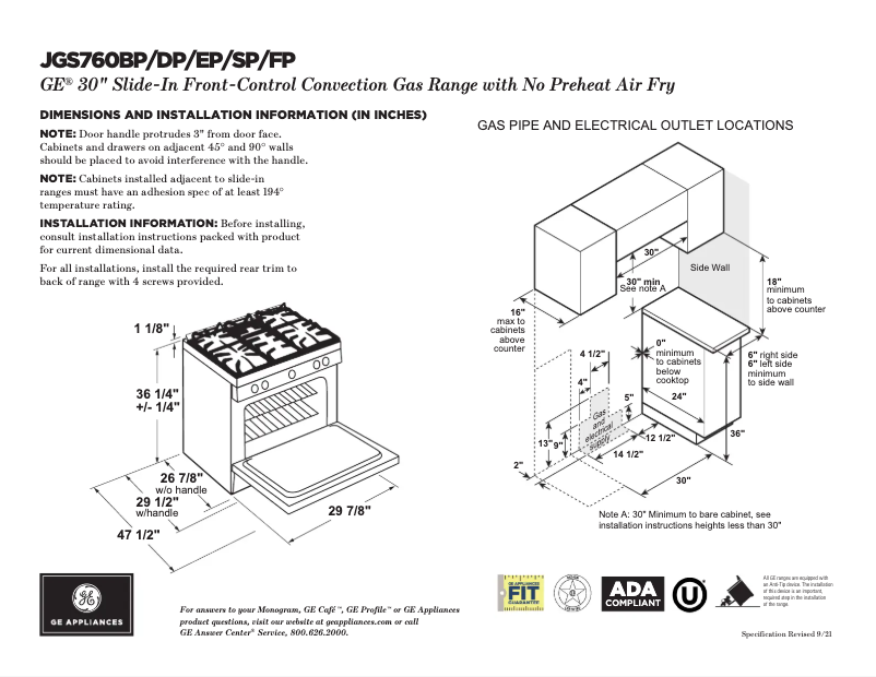 Page 1 de la notice Fiche technique GE JGS760DPBB