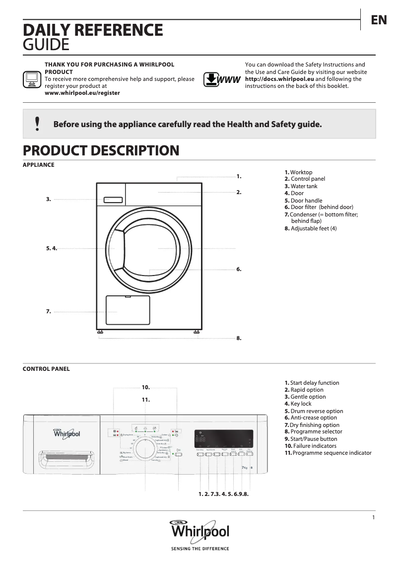Page 1 de la notice Manuel utilisateur Whirlpool DDLX 70113