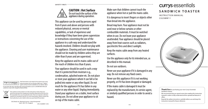 Page 1 de la notice Manuel utilisateur Currys Essentials C02SMW11