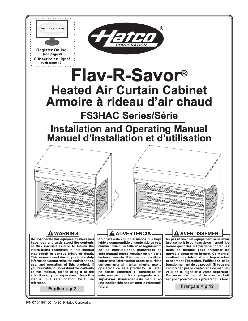 Page 1 de la notice Manuel utilisateur Hatco Flav-R-Savor FSD-1