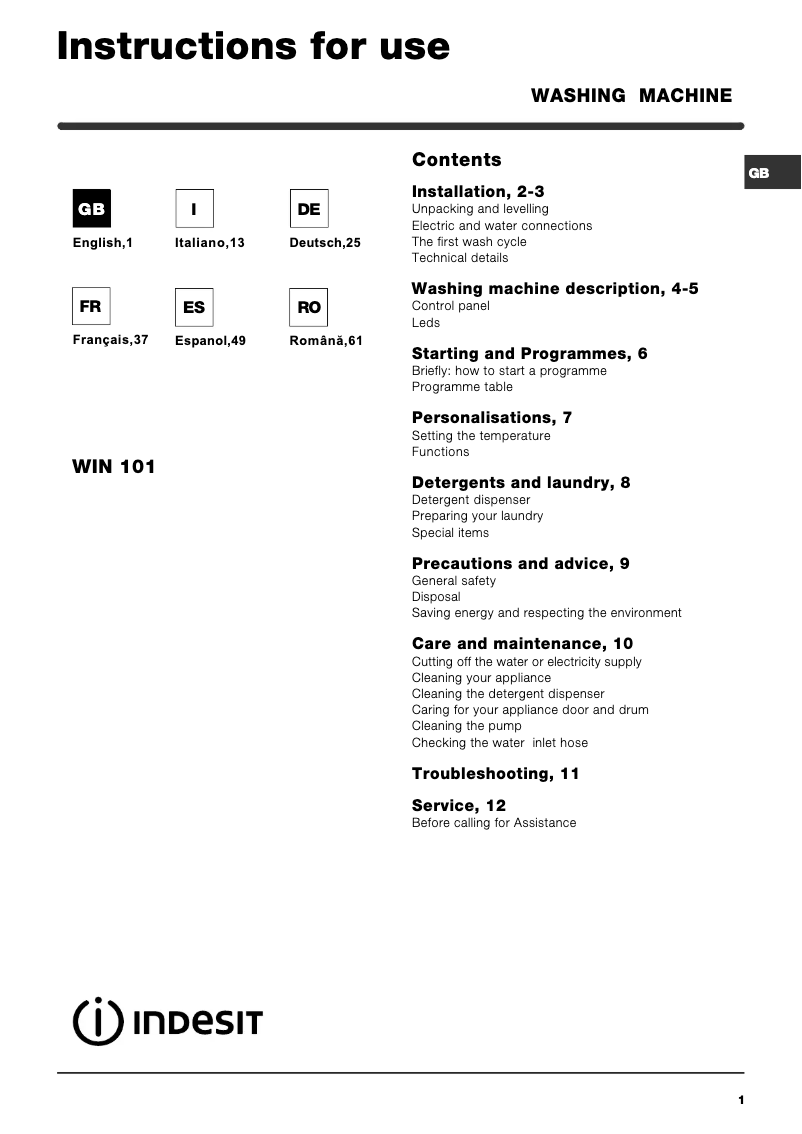 Page 1 de la notice Manuel utilisateur Indesit WIN 101 (EU)