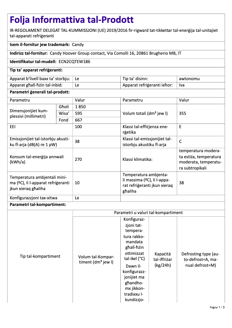 Page 1 de la notice Fiche technique Candy ECN2CQTEW186