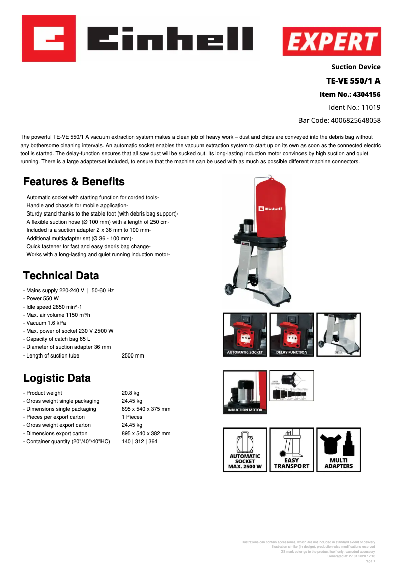 Página 1 del manual Ficha técnica Einhell TE-VE 550/1 A