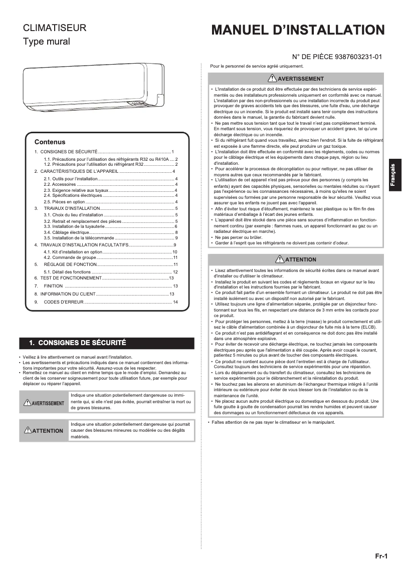 Page 1 de la notice Manuel utilisateur Fujitsu ASYG18KMTE