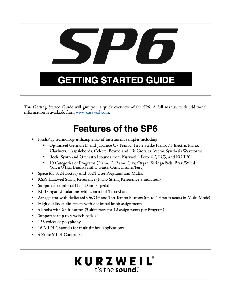 Page 1 de la notice Manuel utilisateur Kurzweil SP6