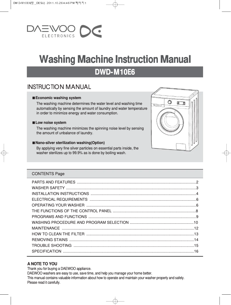 Page 1 de la notice Manuel utilisateur Daewoo DWD-M10E6
