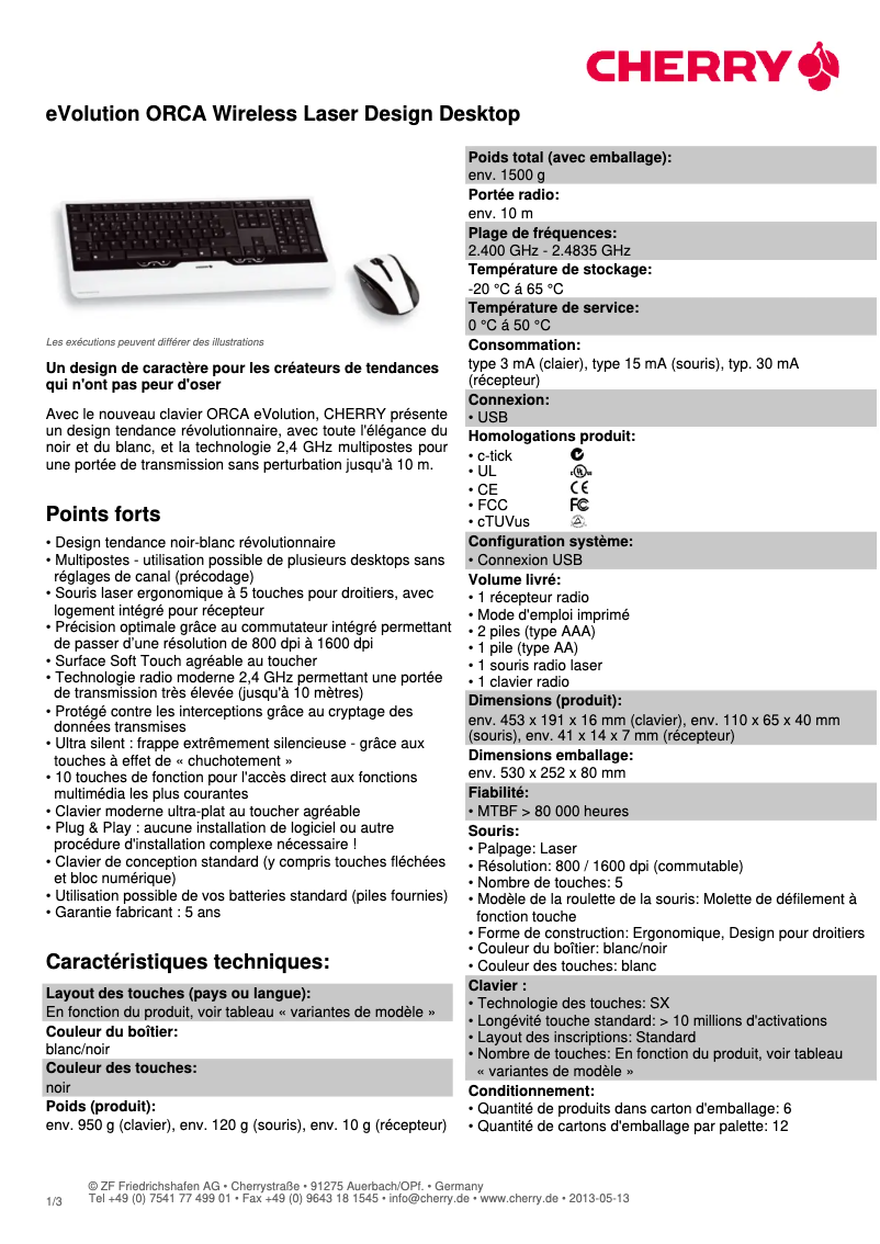 Page 1 de la notice Fiche technique Cherry eVolution ORCA