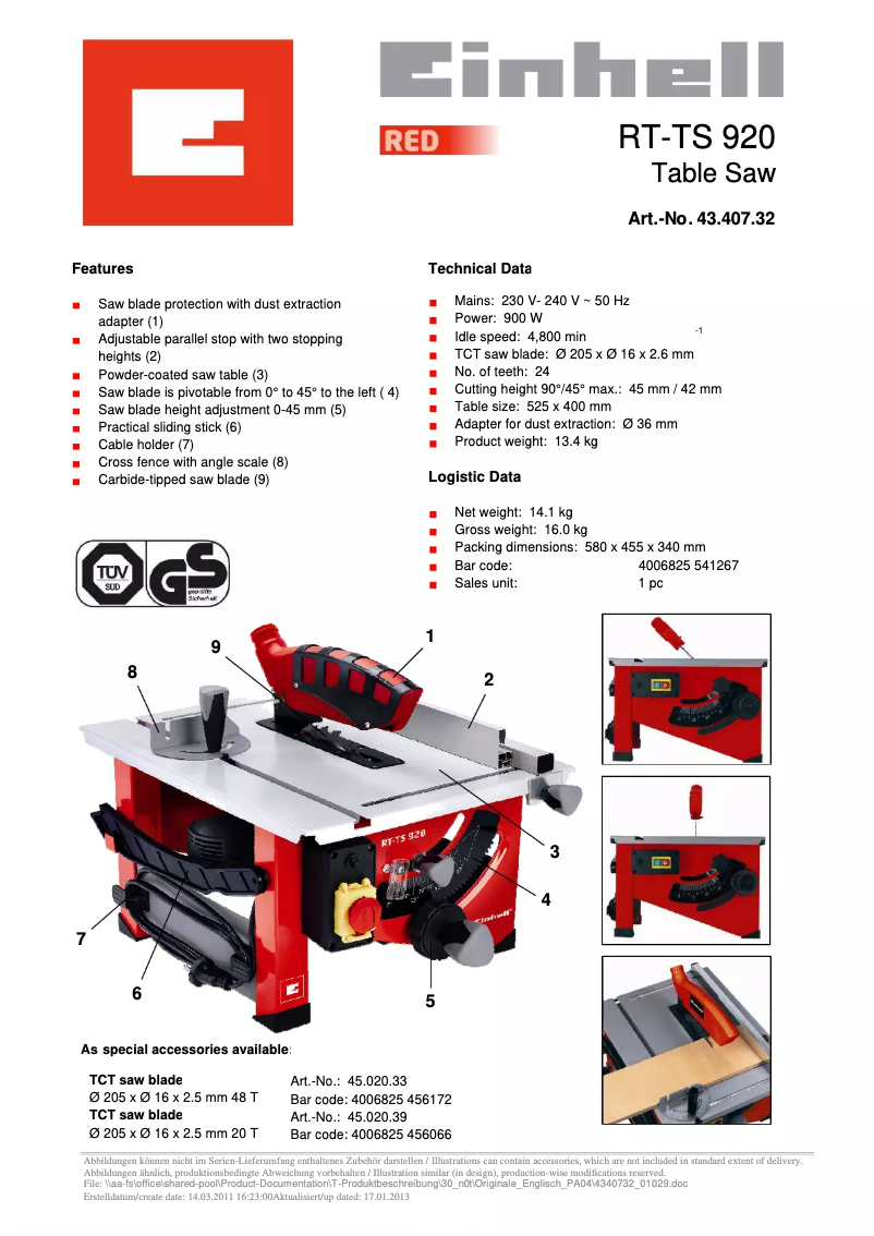 Page 1 de la notice Fiche technique Einhell RT-TS 920