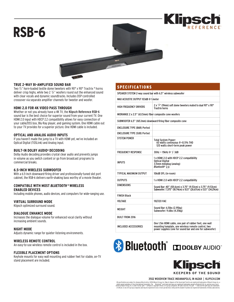 Page 1 de la notice Fiche technique Klipsch RSB-6