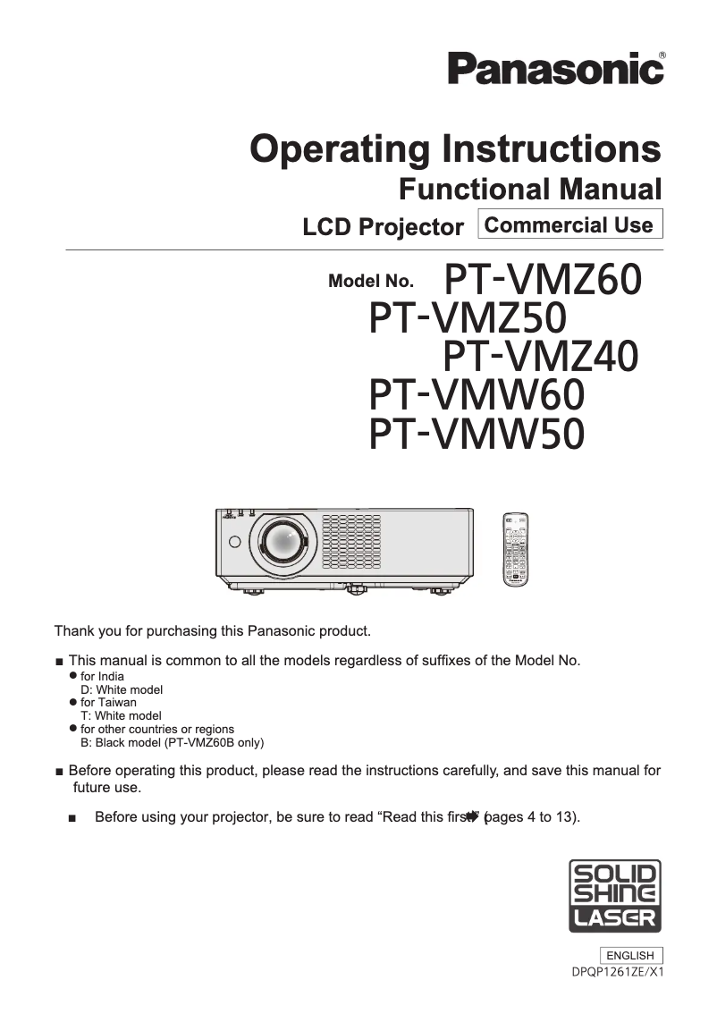 Page 1 de la notice Manuel utilisateur Panasonic PT-VMZ60U