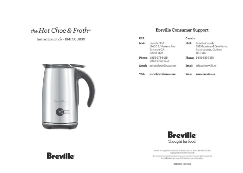 Page 1 de la notice Manuel utilisateur Breville the Hot Choc & Froth BMF300BSS