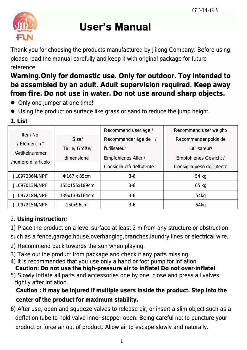 Page 1 de la notice Manuel utilisateur JILONG JL097215NPF