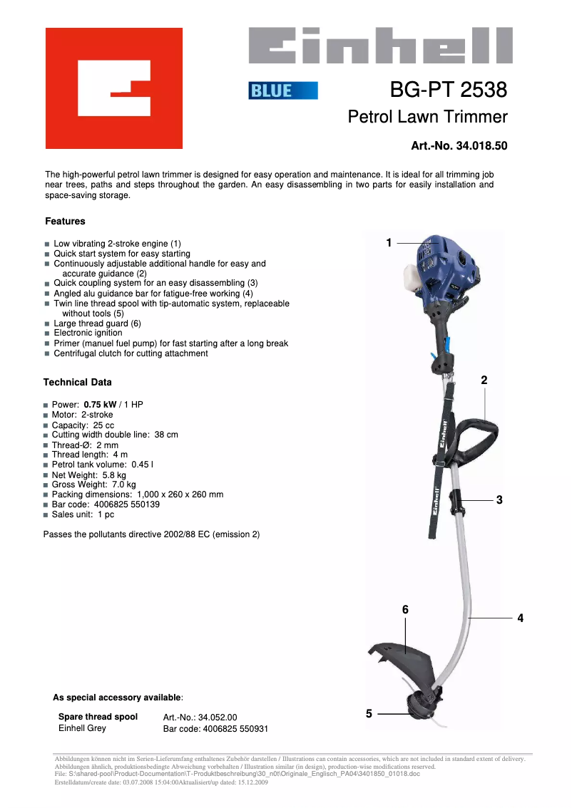 Página 1 del manual Ficha técnica Einhell BG-PT 2538